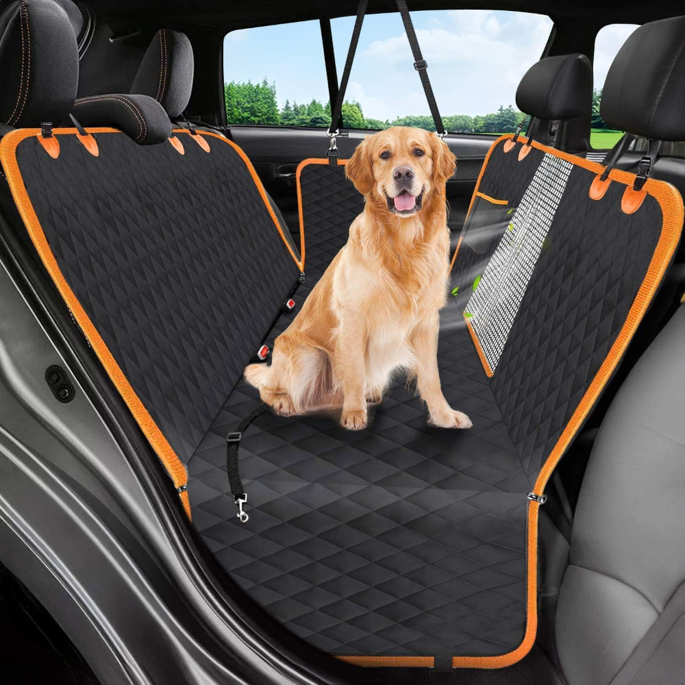 Ultimate Waterproof Dog Car Seat Cover with Mesh Visual Window - Wear-Proof Hammock for Cars, Trucks, and SUVs (Black Body with Orange Edging)