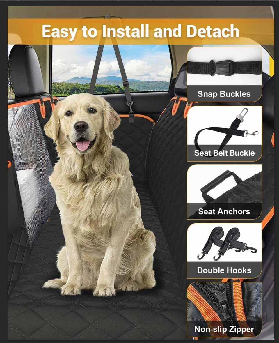 Ultimate Waterproof Dog Car Seat Cover with Mesh Visual Window - Wear-Proof Hammock for Cars, Trucks, and SUVs (Black Body with Orange Edging)