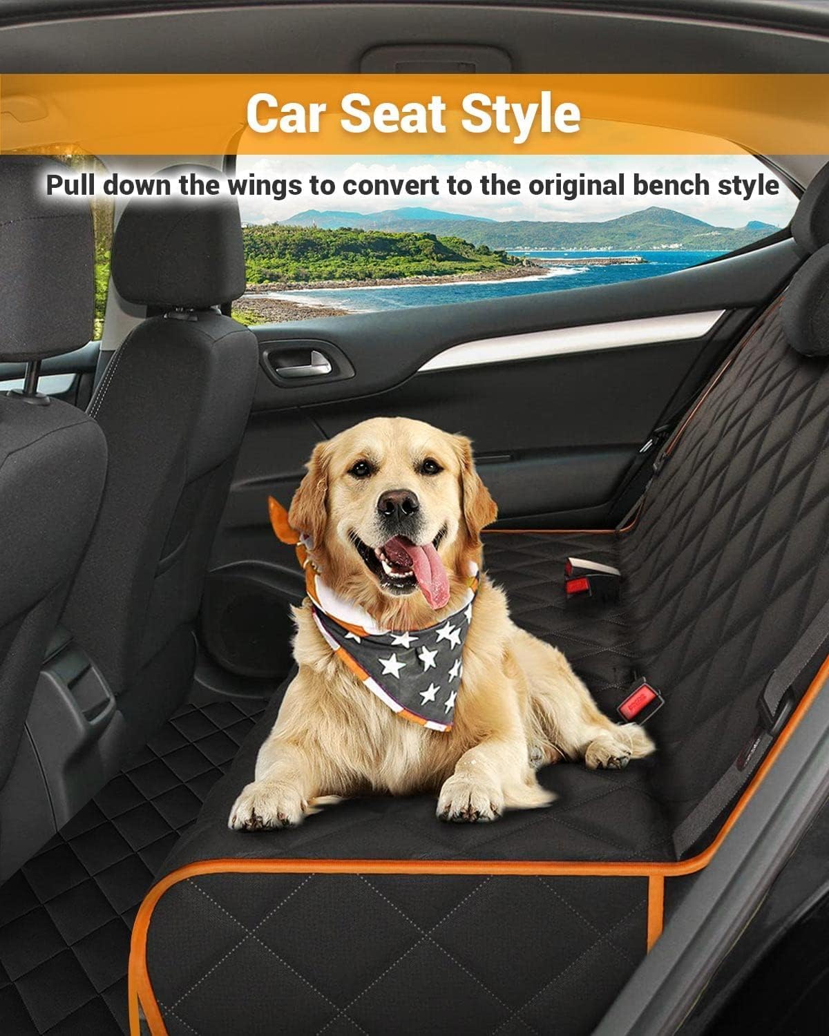 Ultimate Waterproof Dog Car Seat Cover with Mesh Visual Window - Wear-Proof Hammock for Cars, Trucks, and SUVs (Black Body with Orange Edging)