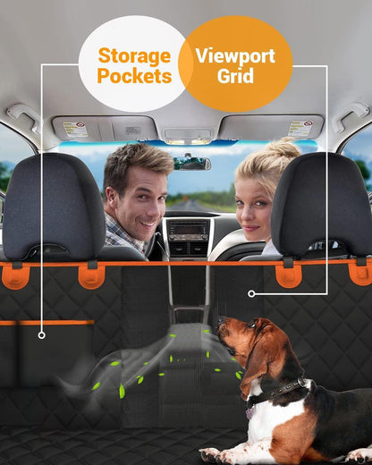 Ultimate Waterproof Dog Car Seat Cover with Mesh Visual Window - Wear-Proof Hammock for Cars, Trucks, and SUVs (Black Body with Orange Edging)