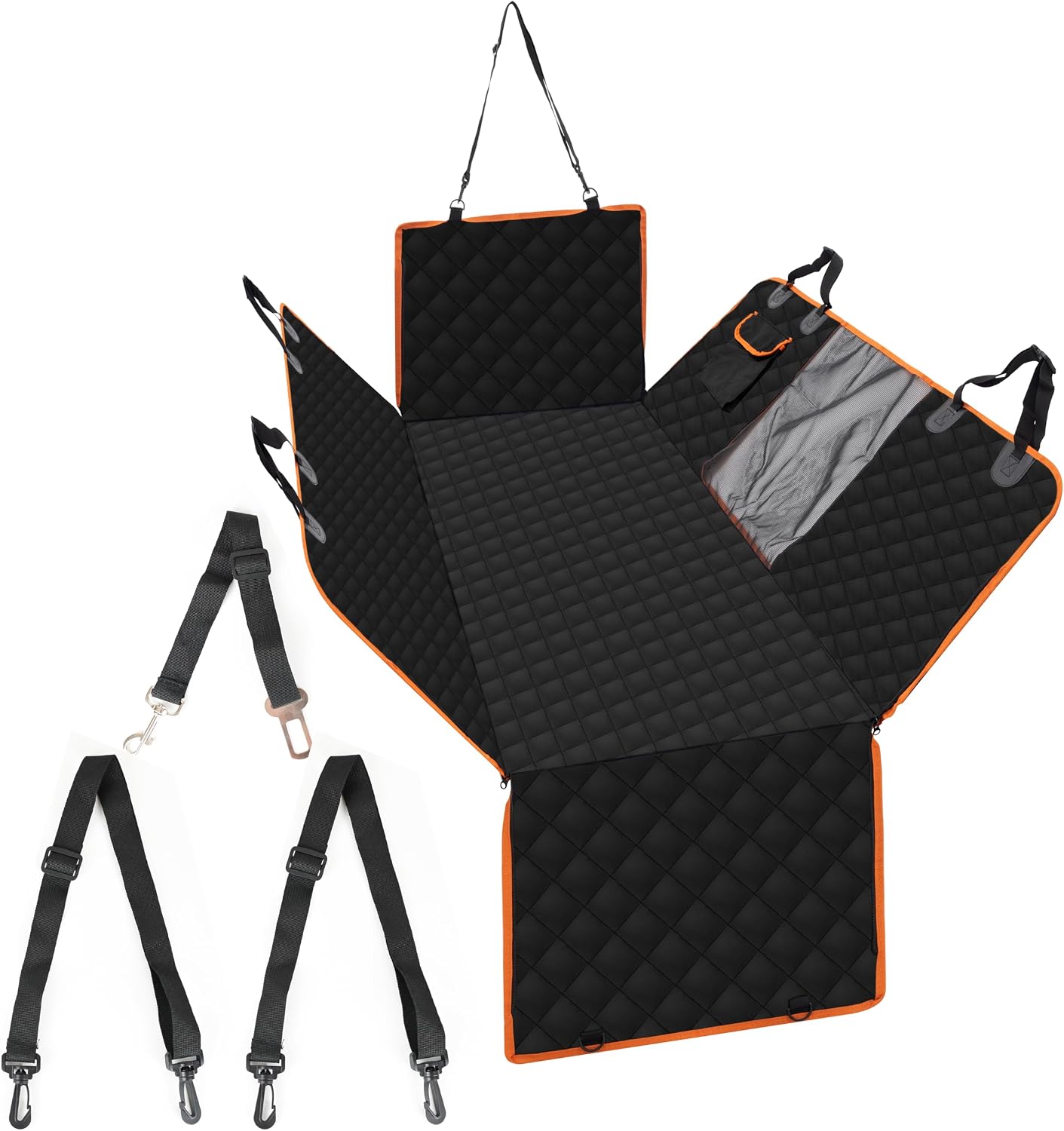 Ultimate Waterproof Dog Car Seat Cover with Mesh Visual Window - Wear-Proof Hammock for Cars, Trucks, and SUVs (Black Body with Orange Edging)