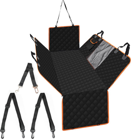 Ultimate Waterproof Dog Car Seat Cover with Mesh Visual Window - Wear-Proof Hammock for Cars, Trucks, and SUVs (Black Body with Orange Edging)