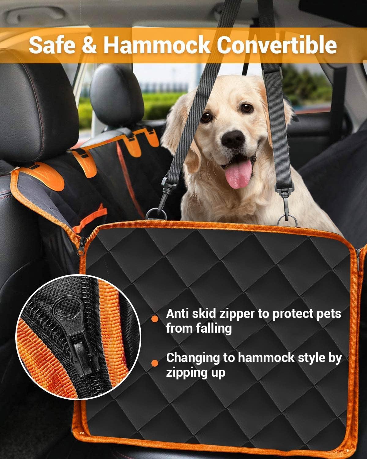 Ultimate Waterproof Dog Car Seat Cover with Mesh Visual Window - Wear-Proof Hammock for Cars, Trucks, and SUVs (Black Body with Orange Edging)
